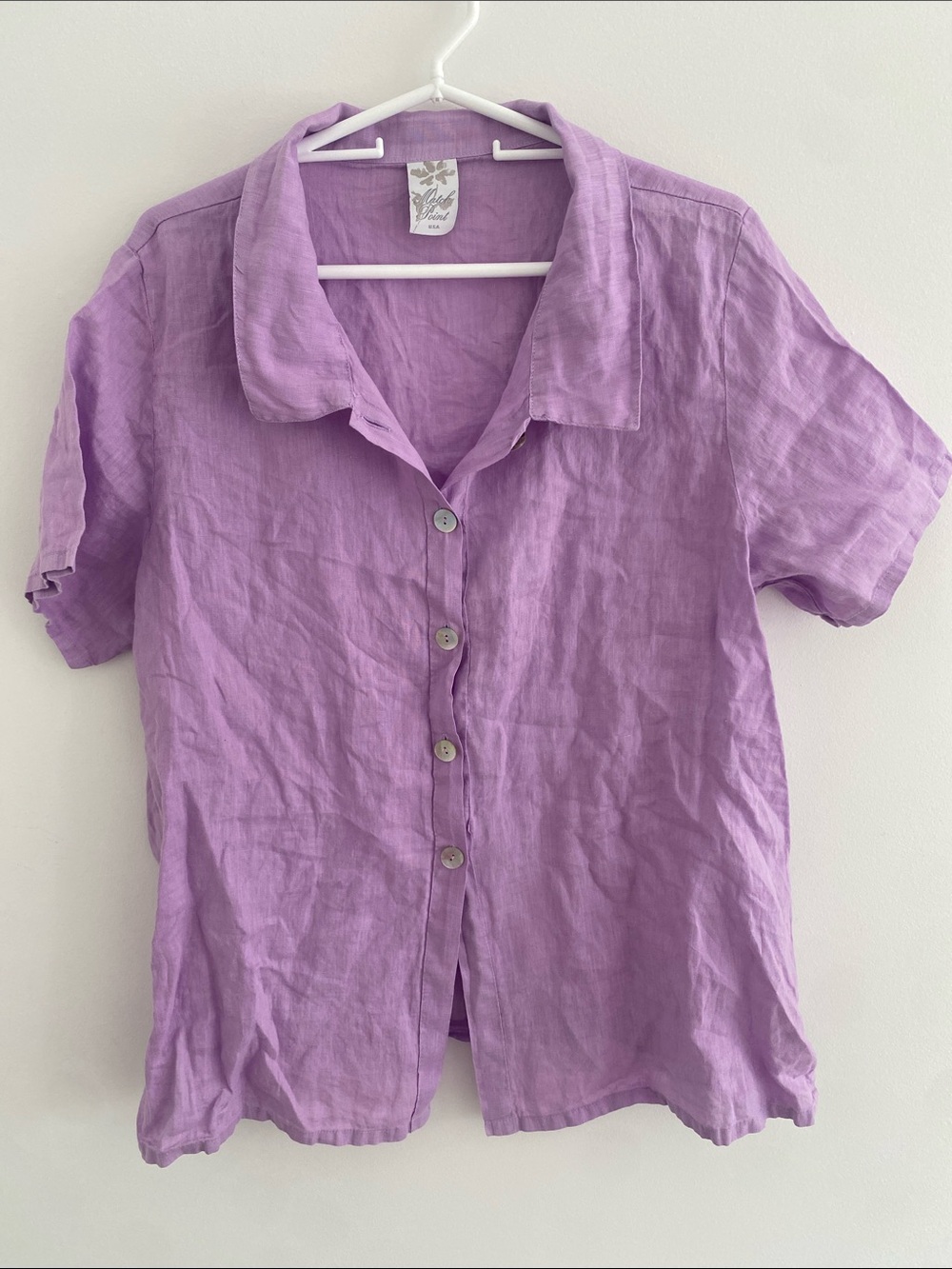 Match Point Linen Mother of Pearl Button S/S Lagenlook Blouse Shirt Lilac LARGE